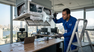 فني يفحص تكييف متجمد مع تسريب مياه داخل مكتب