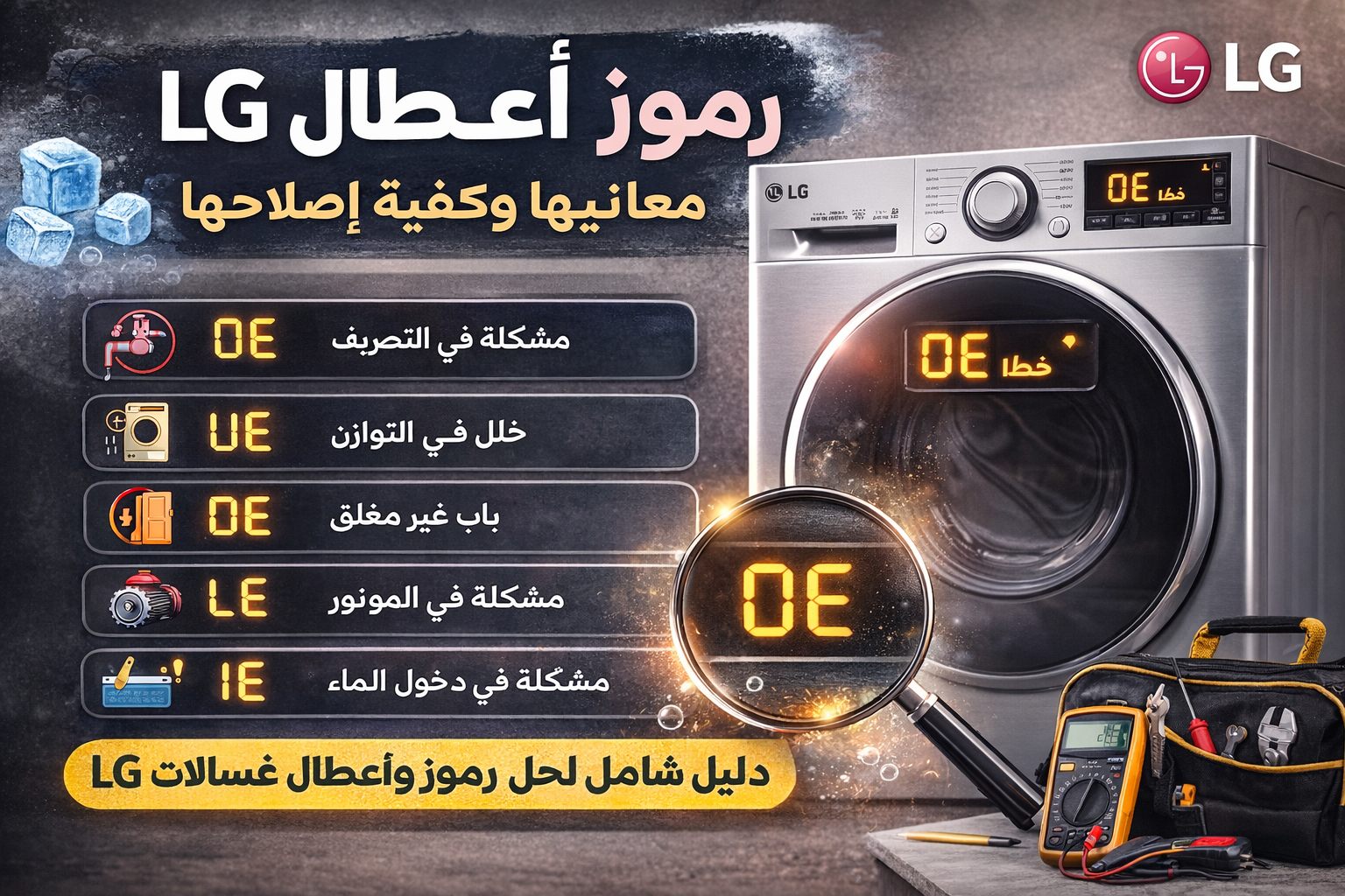شرح رموز أعطال غسالة LG مثل OE وUE وDE مع الأسباب والحلول