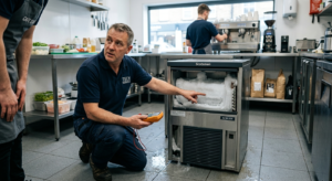 فني يقوم بإصلاح ايس ميكر داخل مركز صيانة متخصص لضمان كفاءة التشغيل