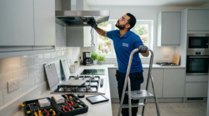 فني يقوم بصيانة شفاط جليم جاز داخل المطبخ