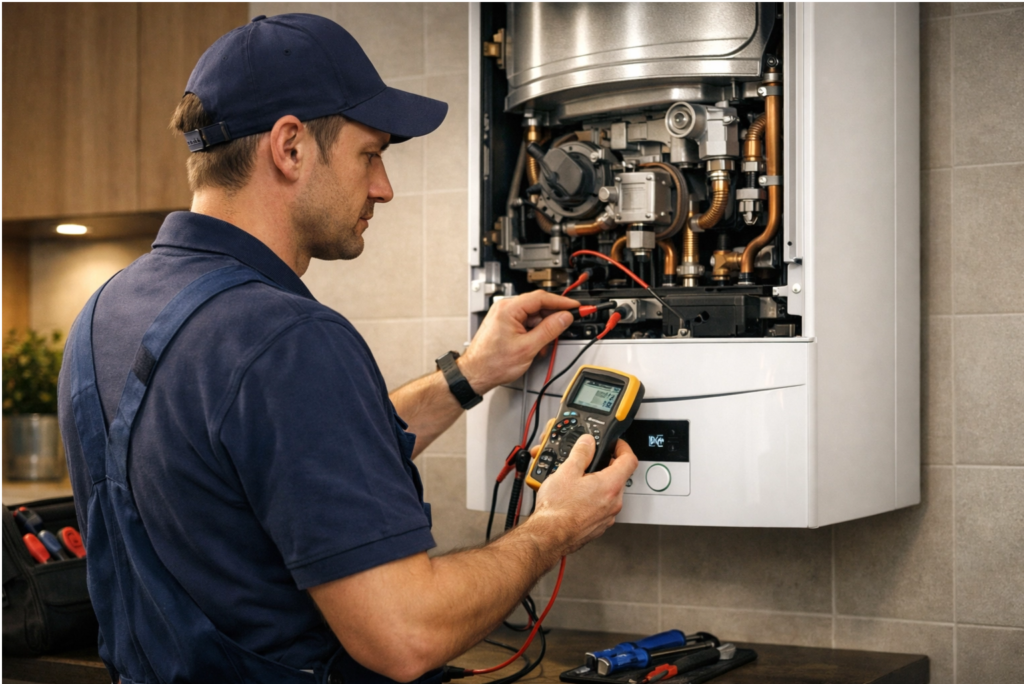 فني متخصص يقوم بصيانة سخان غاز فايلنت ألماني في الاسكندرية باستخدام أدوات فحص دقيقة بمركز المعتمدون للصيانة.