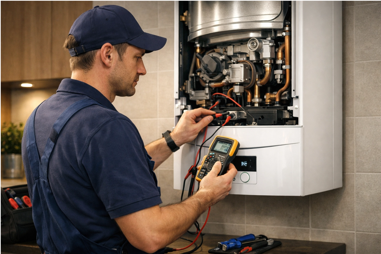 فني متخصص يقوم بصيانة سخان غاز فايلنت ألماني في الاسكندرية باستخدام أدوات فحص دقيقة بمركز المعتمدون للصيانة.