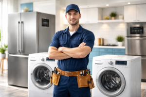 فني صيانة اريستون يقف وسط غسالات وثلاجات داخل منزل حديث