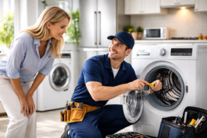 فني صيانة اريستون يصلح غسالة داخل المنزل أمام العميل في الساحل الشمالي