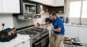 فني صيانة اريستون يقوم بإصلاح بوتاجاز داخل المطبخ باستخدام أدوات فحص متقدمة